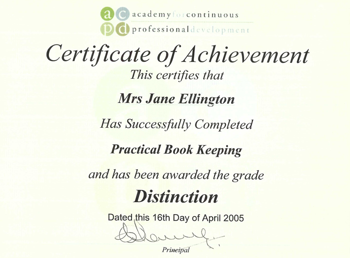 Jane Ellingtons bookkeeping certification